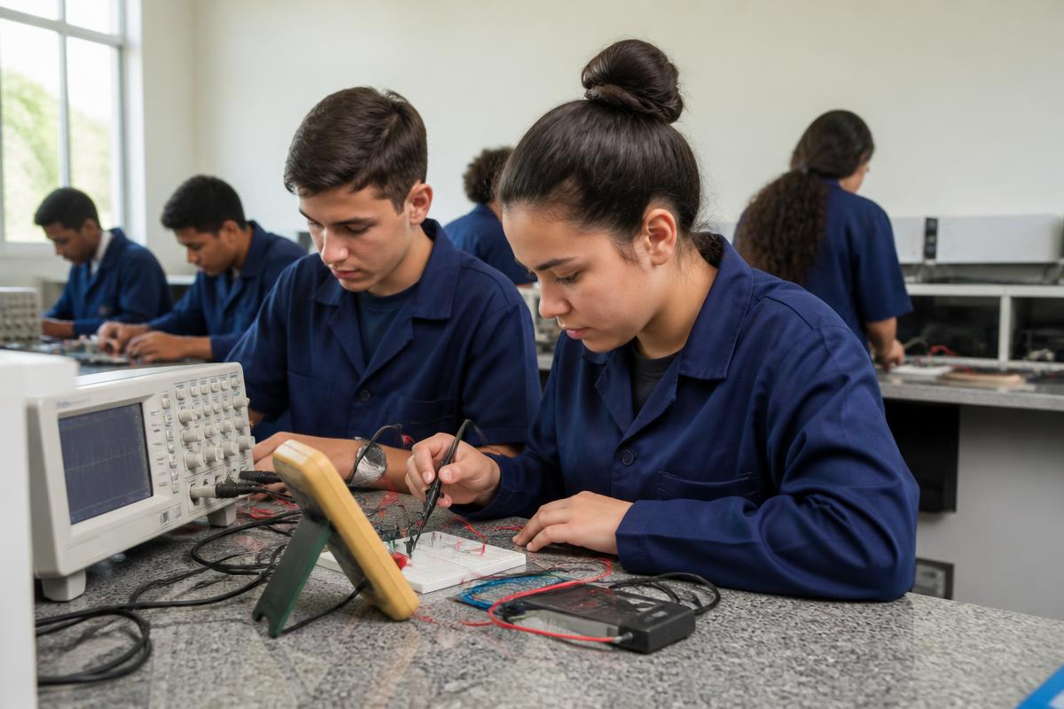 Alunos do curso Técnico em Eletroeletrônica em atividade prática